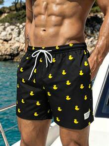 Manfinity Swimmode 男士小黃鴨印花沙灘短褲 - 黑色 - 查看 4