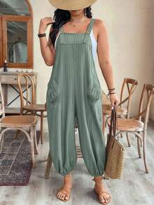 EMERY ROSE Plus Size Women's Early Spring Minimalist Elegant Textured Loose Cuffed Overall Jumpsuit - Green - View 5