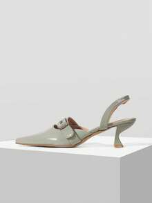 Mnmlis Patent Leather Pointed Toe Slingback Kitten Heel Sandals, French Commuter Temperament Shoes - Green - View 5