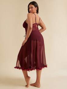SHEIN BAE CURVE 加大码性感露背网眼睡袍，圆领，细肩带 - 紫紅色 - 查看 2