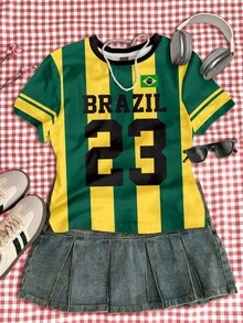 青少年女孩休閒極簡修身圓領短袖高腰短版基本款T恤，夏季青少年女孩夏日祭典復古街頭風針織T恤 - 彩色 - 查看 3