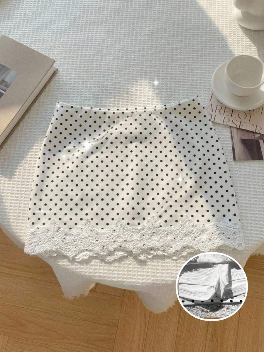 SHEIN 少女白色波點低腰裙,內建短褲,休閒低腰迷你裙,蕾絲下擺 - 白色 - 查看 1