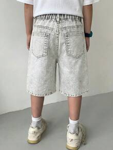 青少年男孩寬鬆舒適淺灰色牛仔短褲，適合日常穿著與返校季夏季休閒 - 淺灰色 - 查看 3