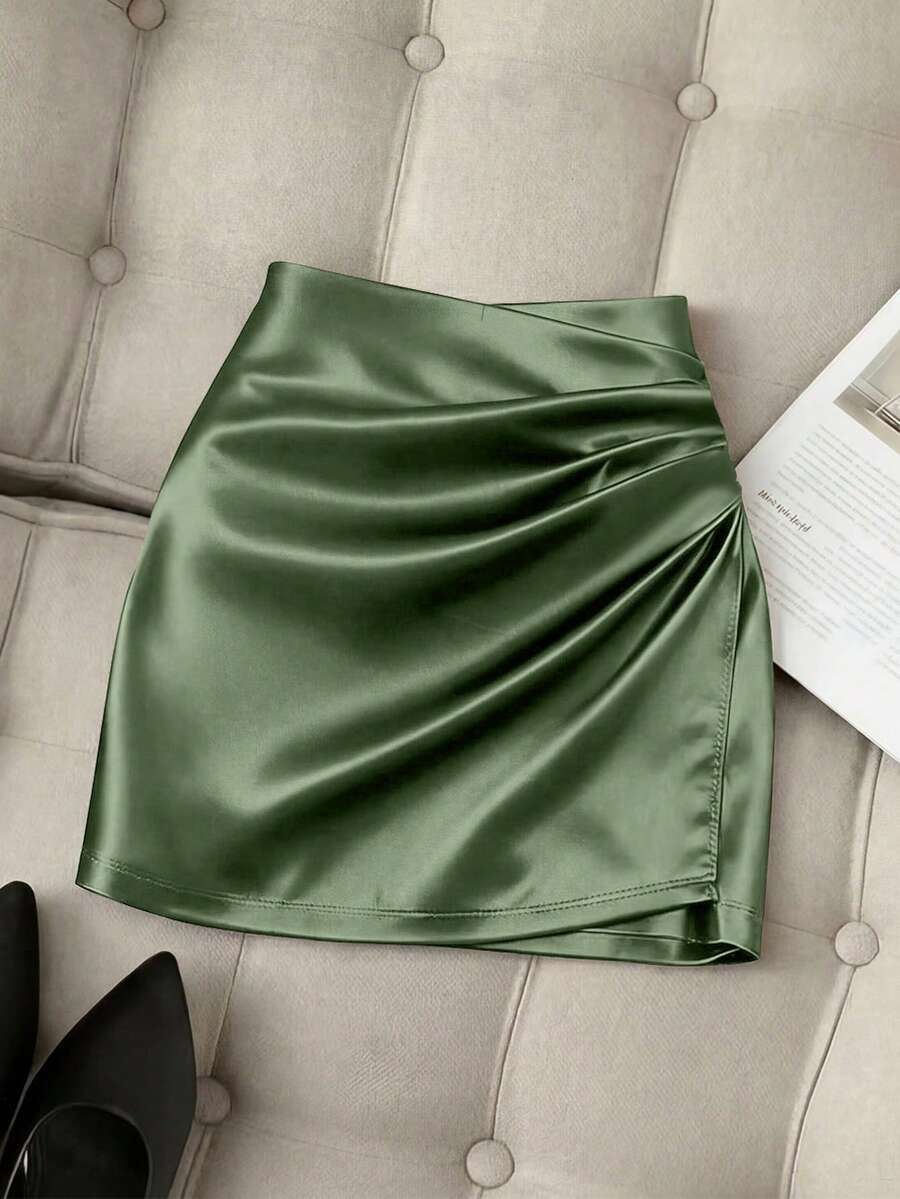 Franclia Fashionable New Glossy Asymmetrical Hem High Waist Slim Pleated Bodycon Skirt For Women, Spring/Summer - Army Green - View 1