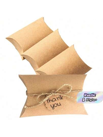50 pezzi Scatole a cuscino in carta kraft pieghevoli per caramelle, con corda di juta da 55 cm, per gioielli, sapone, biscotti, cioccolato, bomboniere per matrimoni, compleanni e feste