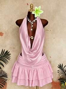 Sunspun Cerise Pink Summer Elwgant Vacation Holiday Satin Metal Buckle Draped Neck Tie Camisole Top&Printed Pleated Double Layer Hem Mini Skirt 2pcs Outfit - Pink - View 7