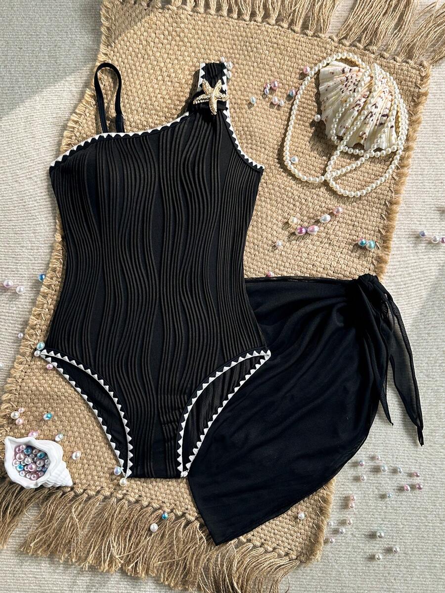 SHEIN Tween Girl Solid Color Fashionable Starfish Decor One-Piece Swimsuit - Black - View 1
