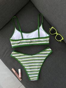 Swim Mod 條紋紋理面料雙肩帶紅白條紋女式比基尼泳衣套裝 2件組 島嶼海灘度假運動休閒百搭女款泳裝 春夏風格 女孩適用 - 綠色 - 查看 3