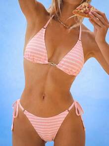 Swim Mod Women's Striped Special Fabric Metal Decor Lace-Up Halter Triangle Cup Sweet Sexy Bikini Two-Piece Swimsuit Set - Pink - View 5