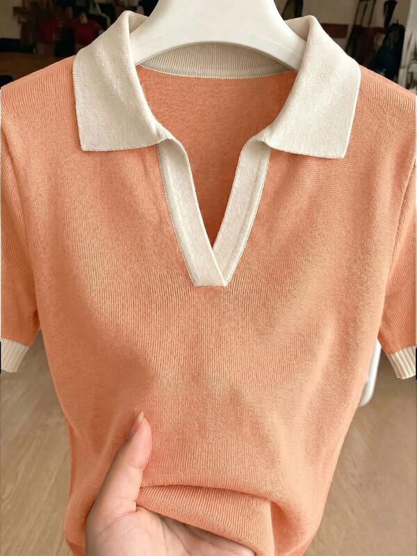 Franclia Women's Spring/Summer Color-Block Simple Casual Polo Collar Short Sleeve Fitted Knit Top, Suitable For Daily Wear, Summer Vacation, Spring, Elegant Women's Casual Versatile Turn-Down Collar Short Sleeve Knit Top, Women's Summer Outfit, Outing Outfit, Beach Outfit, Women's Spring Outfit, Women's Vacation Outfit, Women's Casual Summer Green Top, Women's Knit Top, Women's Summer Top, Workplace Top.