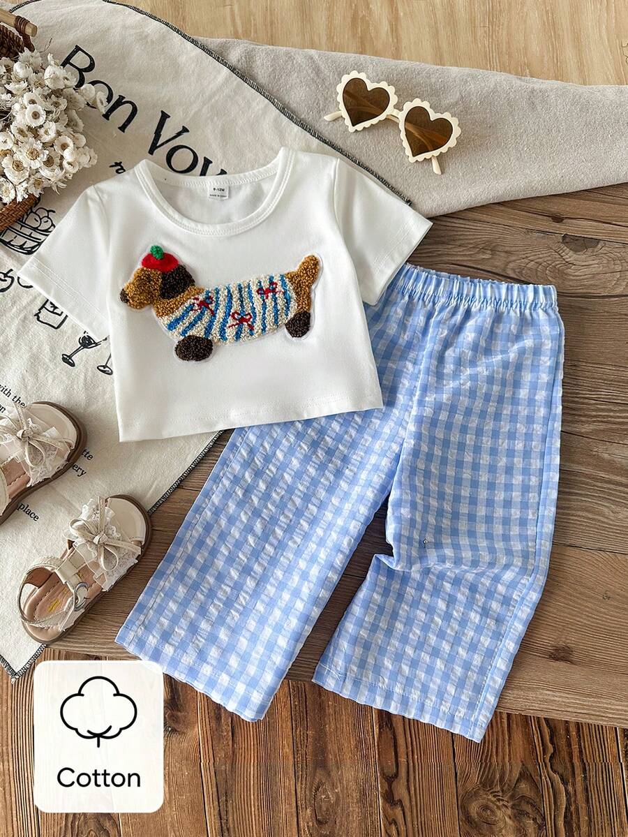 SHEIN 2件組女嬰幼童/新生兒0-3歲可愛休閒條紋蝴蝶結T恤+條紋長褲套裝,嬰兒莫蘭迪藍色套裝,春季/夏季 - 彩色 - 查看 1