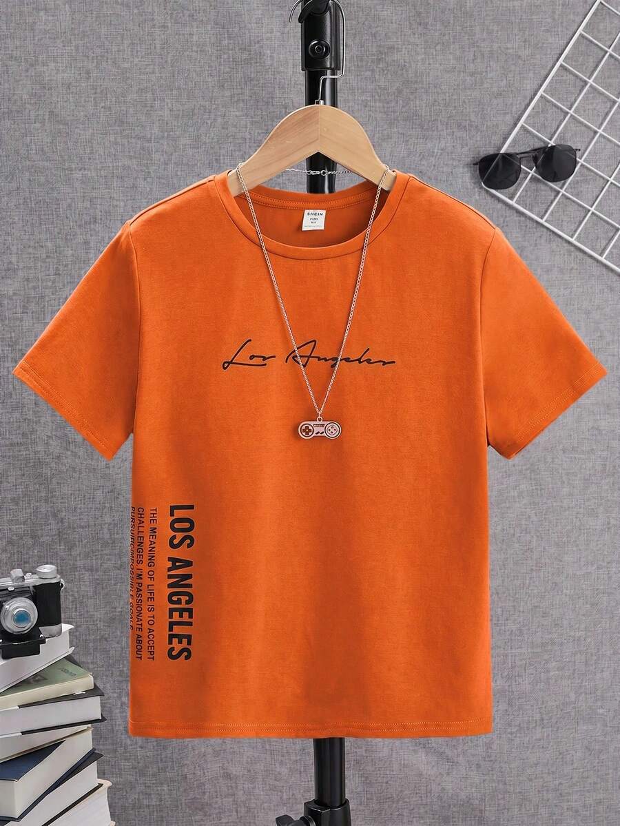 SHEIN 青少年男童休闲度假时尚街头标语印花短袖T恤,日常穿着 - 橘色 - 查看 1
