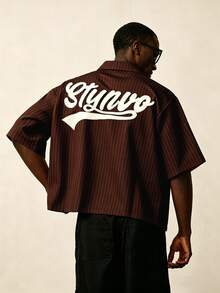 STYNVO Men's Striped Print Letter Embroidery Shirt, Ceremony - Brown - View 3