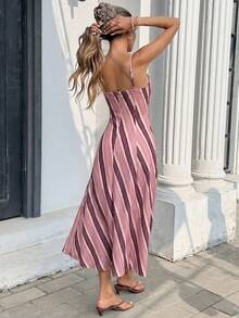 Serisse Women's Striped Pattern Spaghetti Strap A-Line Midi Dress - Pink - View 2