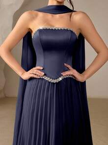Coutiva Elegant Party Rhinestone Decorated Pleated Strapless Evening Gown - Navy Blue - View 8