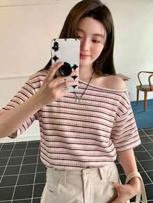 DAZY 女款落肩圓領短袖條紋飾邊短袖T恤 夏季 - 彩色 - 查看 2