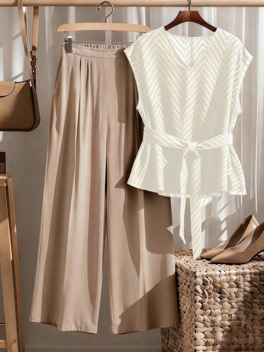 Lacomfia Plus Size Chiffon Striped Cutout Drop Shoulder Pants Casual Women's Two Pieces Set Teachers' Day Business Chocolate Brown Summer - Beige - View 1