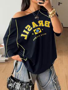 Coolane 女款大尺碼春/夏 & 男款情侶同款街頭風遊戲日返校季純棉鬆緊腰紋理裝飾大尺碼綠色球衣T恤 - 藏蓝色 - 查看 4