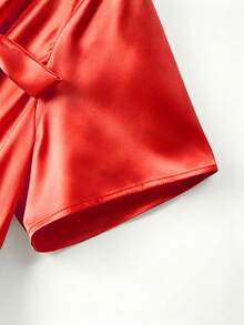 GlowEve CURVE Plus Size Women's Asymmetric Neckline Tie Bow Short-Sleeved Top With A Glossy Finish, Elegant And Going-Out Style, Perfect For Business Casual Summer Women's Outfits. - Orange - View 5