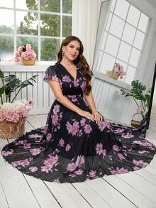 Reflora 大尺碼女款優雅花卉印花洋裝，夏季婚禮賓客禮服 - 黑色 - 查看 7
