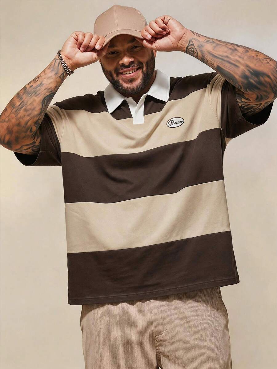 EASEVO Men's Summer Casual Loose Fit Plus Size Short Sleeve POLO Shirt Multicolor Patchwork Embroidery Back-To-School Holiday Brown Stripe - Multicolor - View 1