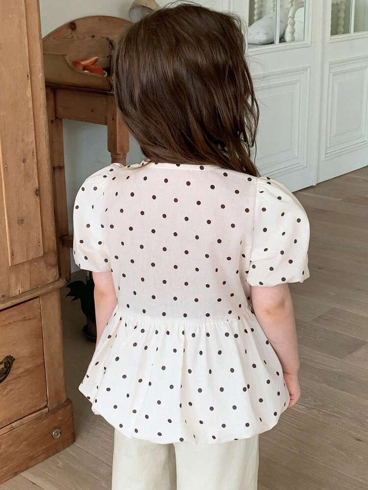 Polka Dot Round Neck Puff Sleeve Short Sleeve Patchwork Young Girls Shirt