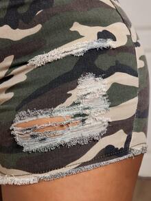 Slaydiva High Waist Tight Fit Printed Camouflage Distressed Plus Size Denim Shorts - Multicolor - View 7