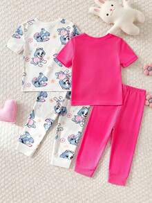 4pcs/Set Baby Girl Short Sleeve Long Pants Pink & White Knit Round Neck Rabbit & Puppy Cartoon Pattern Cute Fitted Casual Minimalist Comfortable Soft High Elasticity Loungewear Summer - Hot Pink - View 2