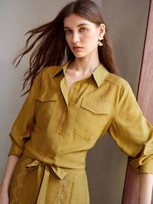 MOTF PREMIUM WOMEN'S AUTUMN DENIM EFFECT LOOSE SHIRT TEACHERS' DAY OFFICE MUSTARD YELLOW MATURE ELEGANT - Olive Green - View 6