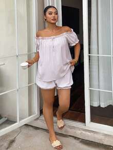 Dazy Plus Solid Color Chiffon Ruffle Trim Off-Shoulder Short Sleeve Loose Blouse Cute Elastic Waist Short Pajama Pants Plus Size Women Spring Summer Pajama Set - Apricot - View 4
