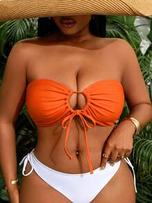 Slaydiva 2026 New Summer Vacation Orange Bandeau Drawstring Plus Size Swimsuit Top Beach Vacation Vacation - Orange - View 1