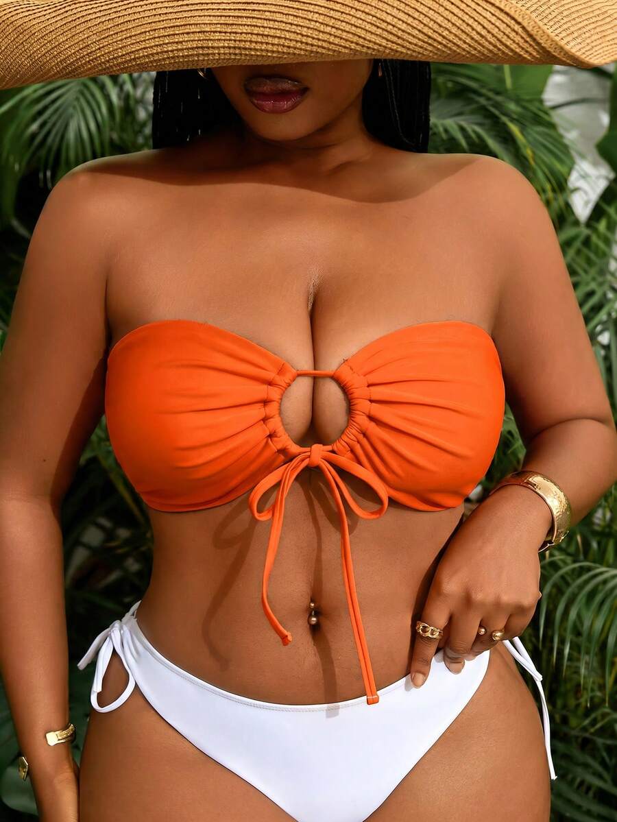 Slaydiva 2026 New Summer Vacation Orange Bandeau Drawstring Plus Size Swimsuit Top Beach Vacation Vacation - Orange - View 1