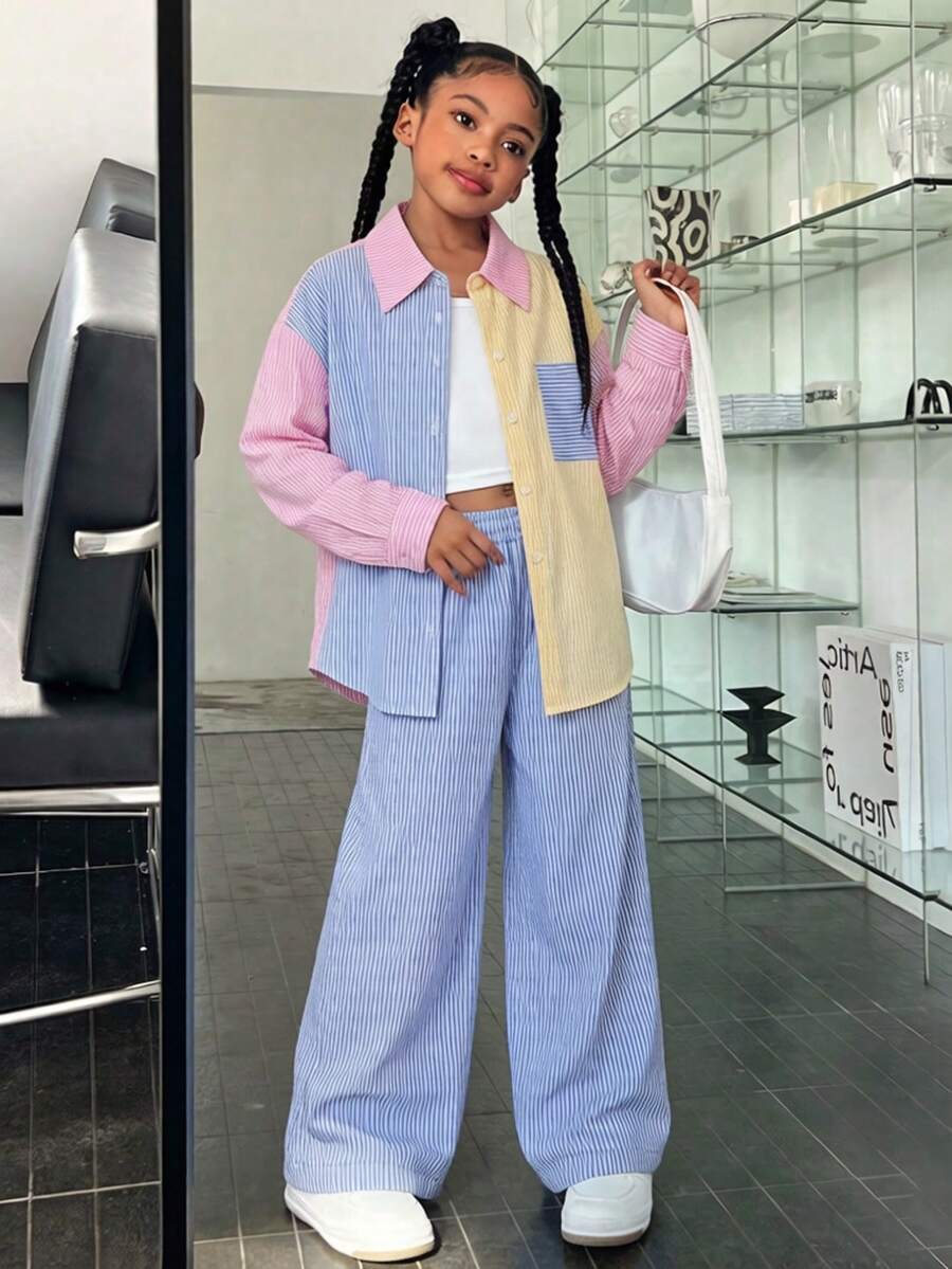 Elladie kids 女童 3 件套休閒個性清新套裝，粉色、藍色、黃色拼接；開襟衫 + 條紋長褲 + 白色針織細肩帶背心，校園秋季