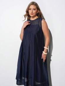 Maija Plus Size Women's Long Dress,Navy Blue Elegant Vacation Round Neck Sleeveless Loose Fit Soft Woven Fabric Modern Chic Office Autumn Outfit Halloween - Navy Blue - View 4