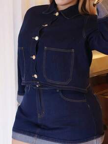 CHERRY TINTT SELECTION Plus Size Women 2 Pieces Set: Long Sleeve Single-Breasted Jacket And Denim Midi Skirt, Casual - Dark Wash - View 3