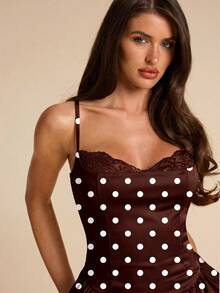 SHEIN BAE Summer Polka Dot Neckline Brown And White Polka Dot Lace Patchwork A-Line Mini Puff Dress, Wedding Going Out Bridesmaid Cocktail Party Cute - Coffee Brown - View 5