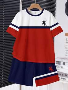 Setelan Kaos dan Celana Pendek Lengan Pendek Leher Bulat Minimalis Nyaman Kasual untuk Anak Laki-Laki Remaja, Motif Garis Klasik Retro Blok Warna, Motif Logo Kecil Ksatria Kecil yang Modis dan Indah, Cocok untuk Musim Semi dan Musim Panas, Cocok untuk Kampus, Cocok untuk Jalan-jalan - MultiWarna - View 3