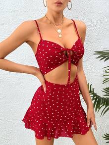 SHEIN SXY Mono con estampado de corazón con cordón delantero con abertura fruncido - Rojo - Ver 3