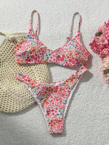 Swim Mod 女款 2件組彩色花卉隨機印花可愛夏季海灘度假比基尼套裝 - 彩色 - View 2