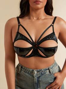 SHEIN BAE CURVE 大码女士纯色镂空钢圈薄杯舒适文胸内衣 - 黑色 - 查看 3