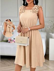 SHEIN Lady Đầm midi xếp ly màu trơn dành cho nữ, thích hợp cho các buổi tiệc hoặc sự kiện thường ngày. - Màu Khaki - Xem 1