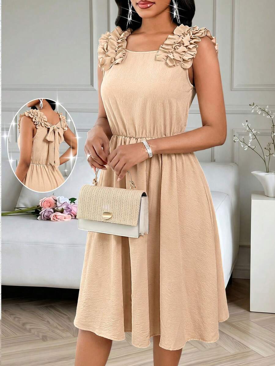 SHEIN Lady 女士纯色褶皱休闲派对中长连衣裙 - 卡其色 - 查看 1