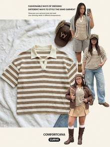 Comfortcana Striped Pattern Polo Collar Plus Size Short Sleeve T-Shirt Suitable For Summer Wear - Brown - View 6