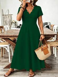 Breezaya Plus Size Women's Wavy Collar Fashion Commuter Long Dress - Dark Green - View 3