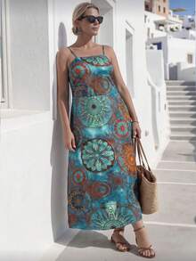 GlowEve CURVE Plus Size Women Floral Print Casual Fashionable Spaghetti Strap Dress Gym Brown Summer - Multicolor - View 3