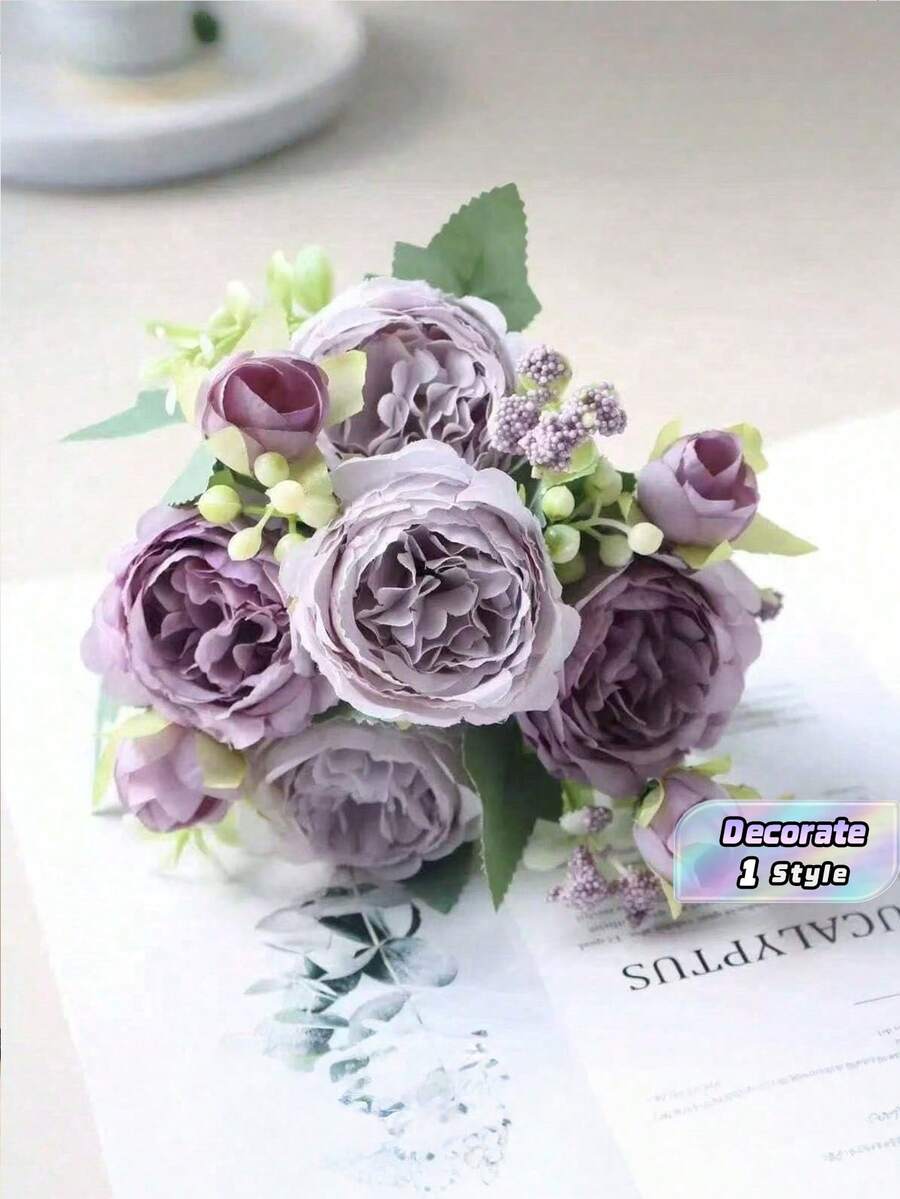 3支人造玫瑰、绣球花、牡丹混合花束,婚礼新娘装饰,DIY花环材料,生日派对,家居装饰,花瓶,户外花园,秋季,新年礼物 - 紫色 - 查看 1