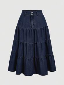 SHEIN MOD Plus Size Women's Multi-Layer Ruffle Hem Casual Denim Midi Skirt - Blue - View 1