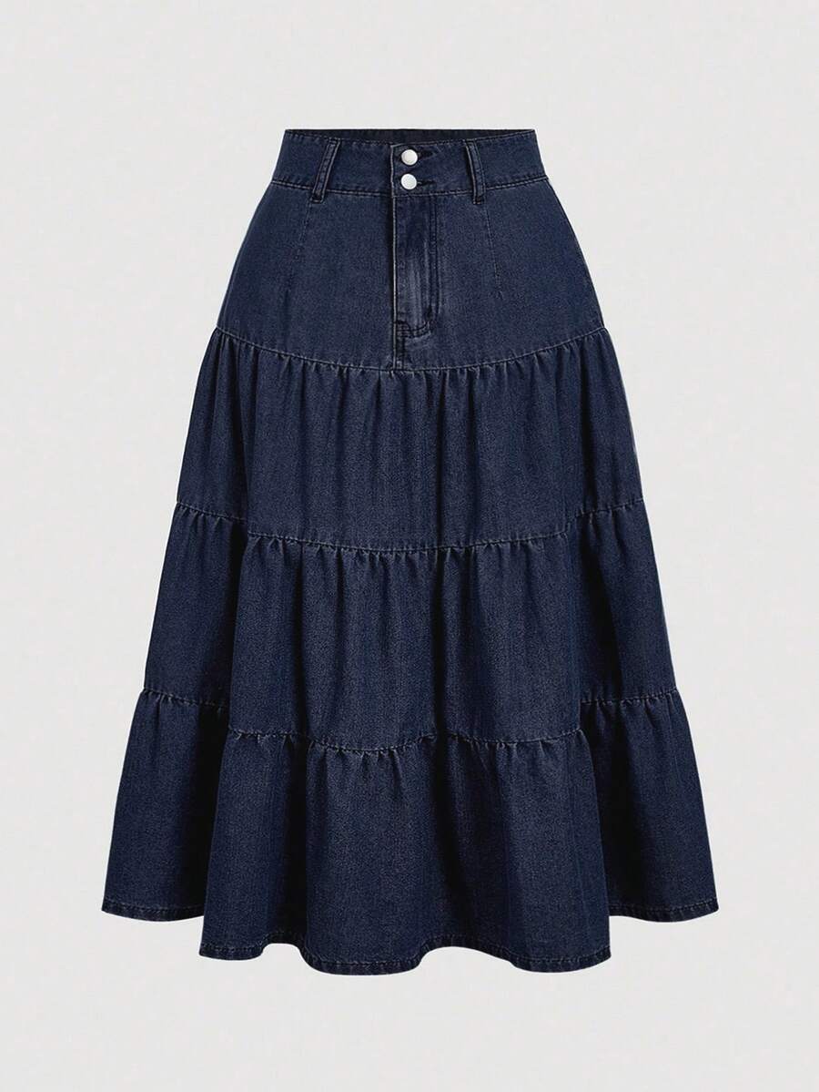 SHEIN MOD Plus Size Women's Multi-Layer Ruffle Hem Casual Denim Midi Skirt - Blue - View 1