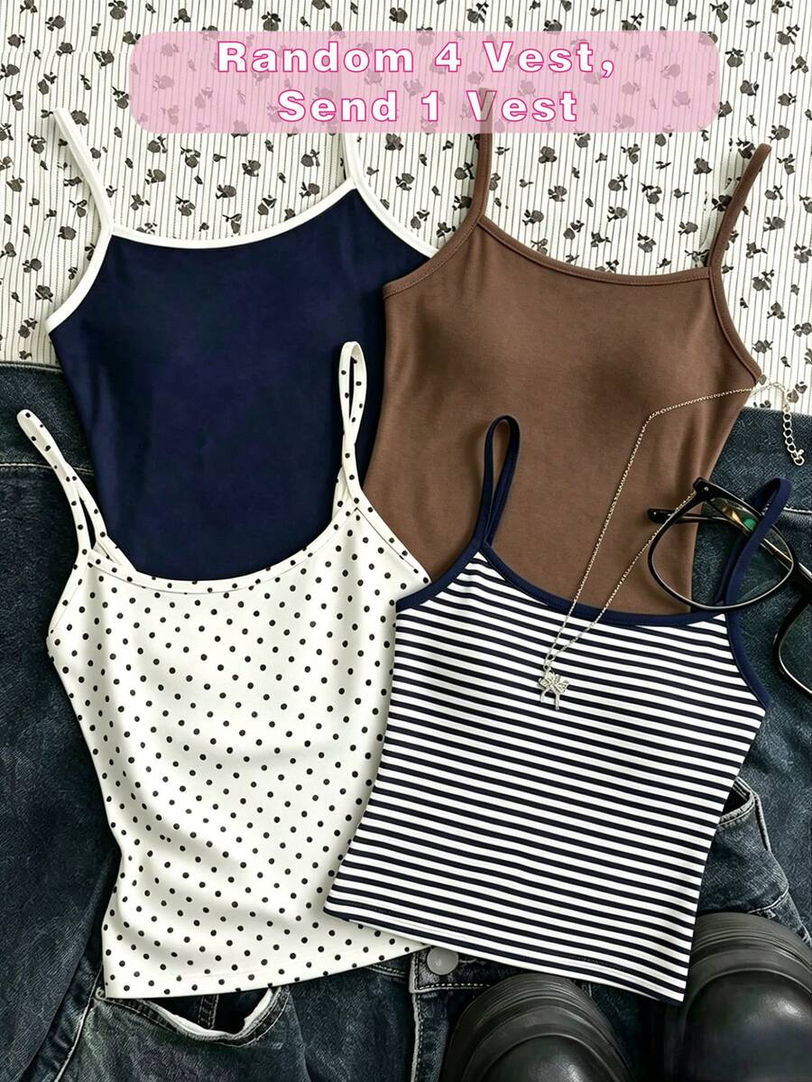 [Random 4 Vest, Send 1 Vest]Maillard Color Palette, Vintage Polka Dot Print Pattern, Tween Girl Casual Simple Spaghetti Strap Fitted Tank Top Summer - White - View 1