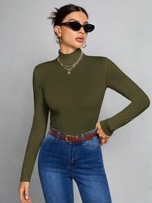 SHEIN Tall 簡約純色修身高領白色上衣，適合秋冬，適合高個女性 - 軍綠色 - 查看 6